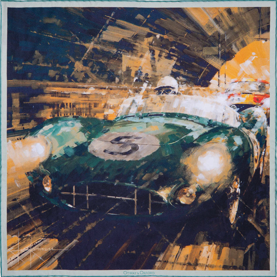 'Victory At Last' Classic Motor Racing Silk Pocket Square in Green, Black & Gold (42 x 42cm)