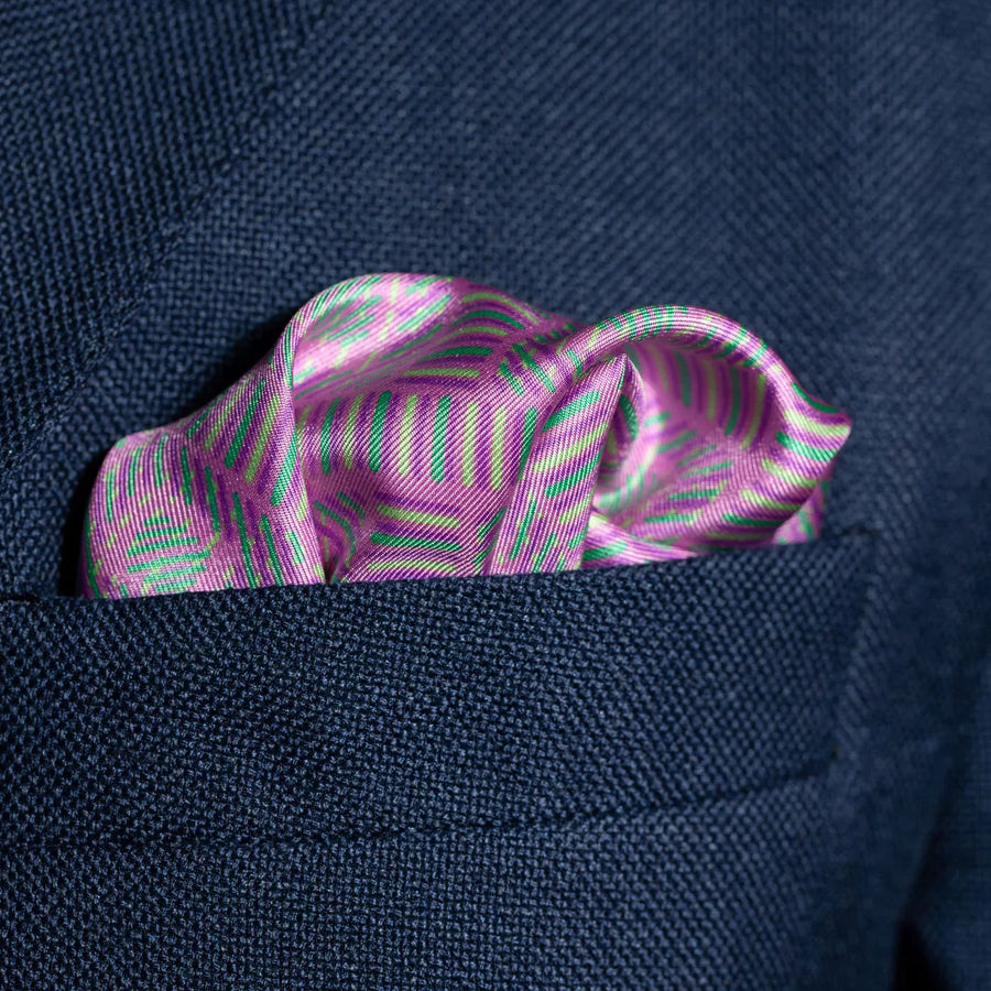 'City Squares' Geometric Silk Pocket Square in Deep Pink with Blue, Mauve & Green (42 x 42cm)