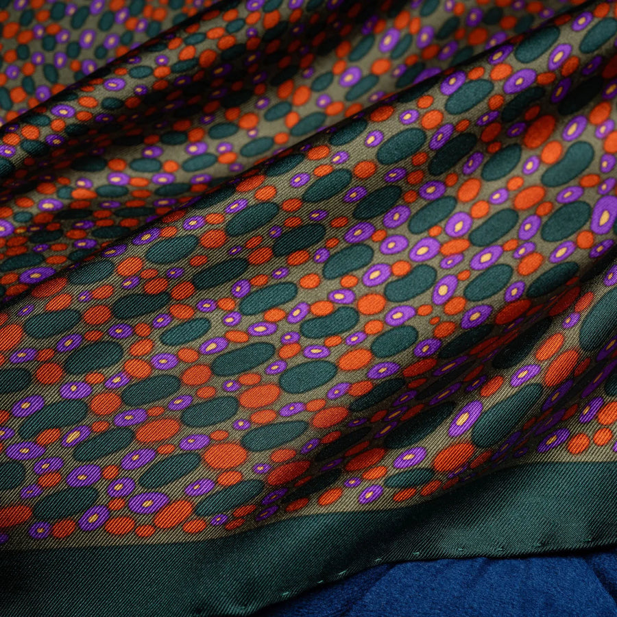 'Infinity' Spotted Silk Pocket Square in Green, Orange & Purple (42 x 42cm)