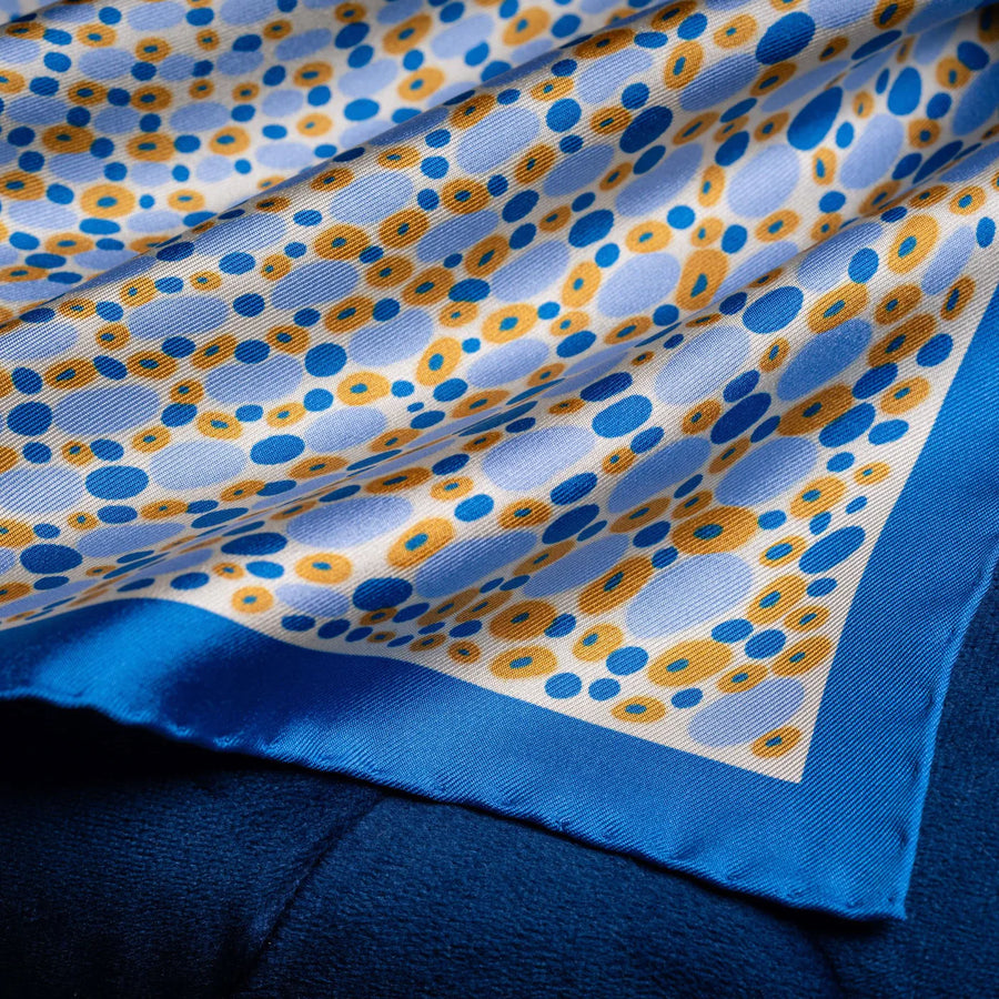 'Infinity' Spotted Silk Pocket Square in Blue, Gold & White (42 x 42cm)