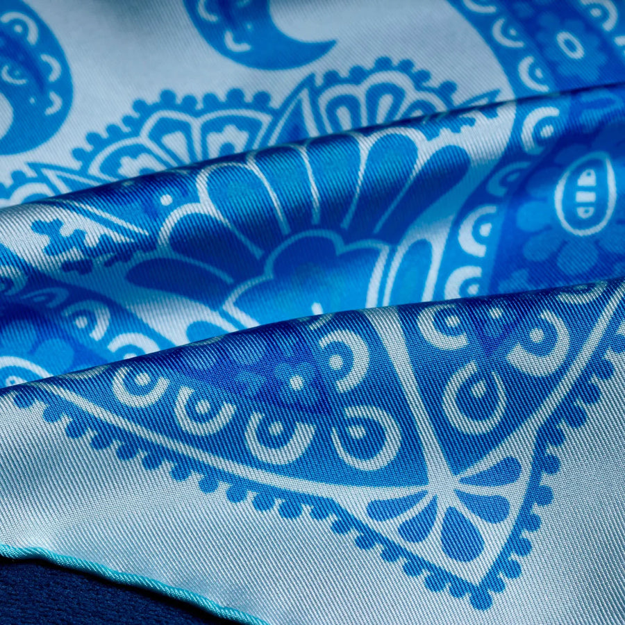 'Kaleidoscope' Paisley Silk Pocket Square in Turquoise, Blue & Sea Green (42 x 42cm)