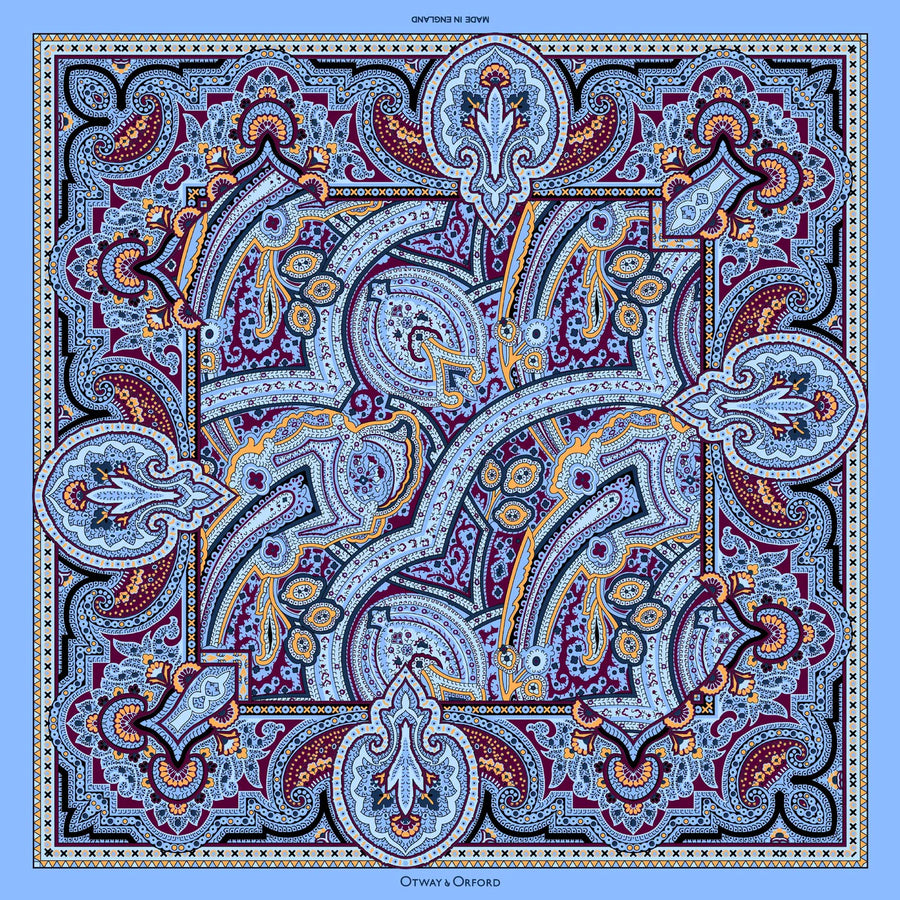 'Labyrinth' Paisley Silk Pocket Square in Blue, Burgundy & Gold (42 x 42cm)