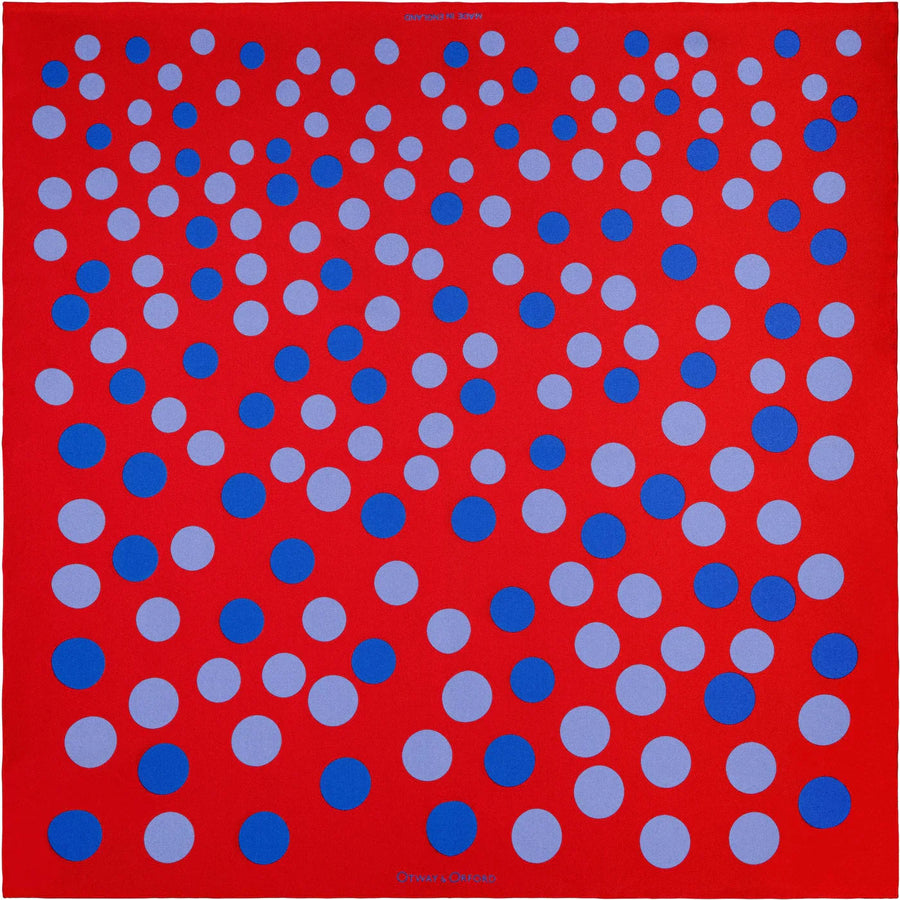 'Planetarium' Polka Dot Silk Pocket Square in Salsa Red With Blue (42 x 42cm)