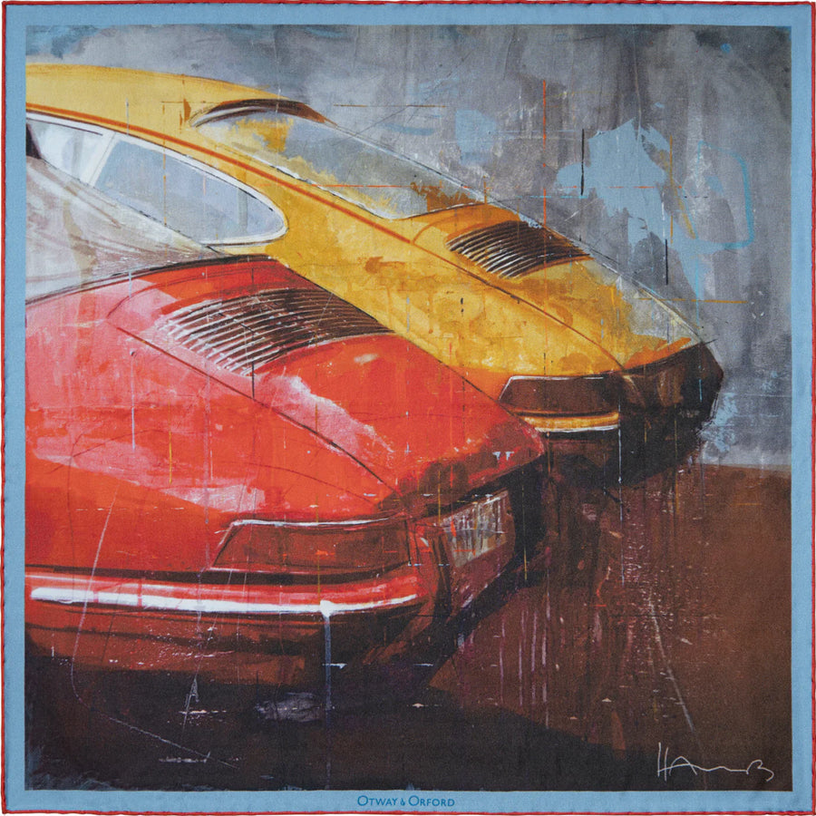 'Racing Legends 292' Sports Cars Silk Pocket Square in Red & Yellow (42 x 42cm)