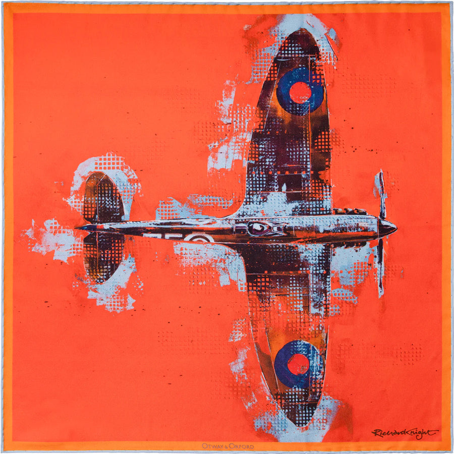 'Lone Fighter' Spitfire Silk Pocket Square in Orange (42 x 42cm)