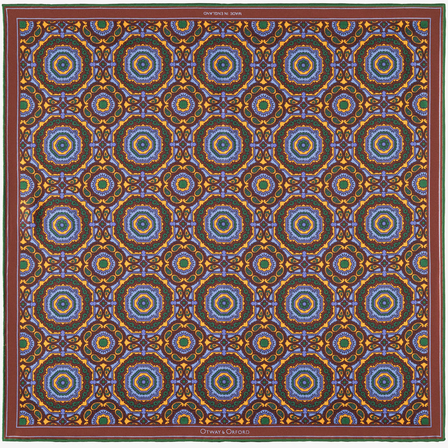 'Whirligig' Medallion Silk Pocket Square in Blue, Orange, Brown & Green (42 x 42cm)