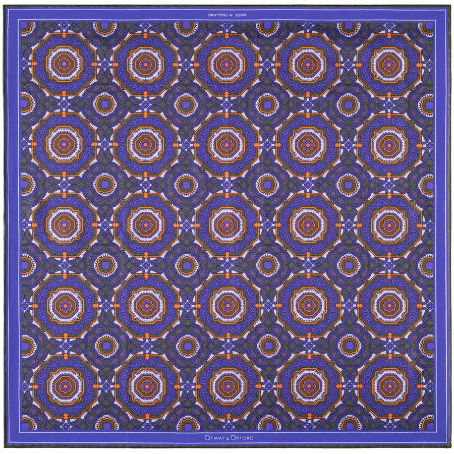 'Whirligig' Medallion Silk Pocket Square in Blue, Orange & Green (42 x 42cm)