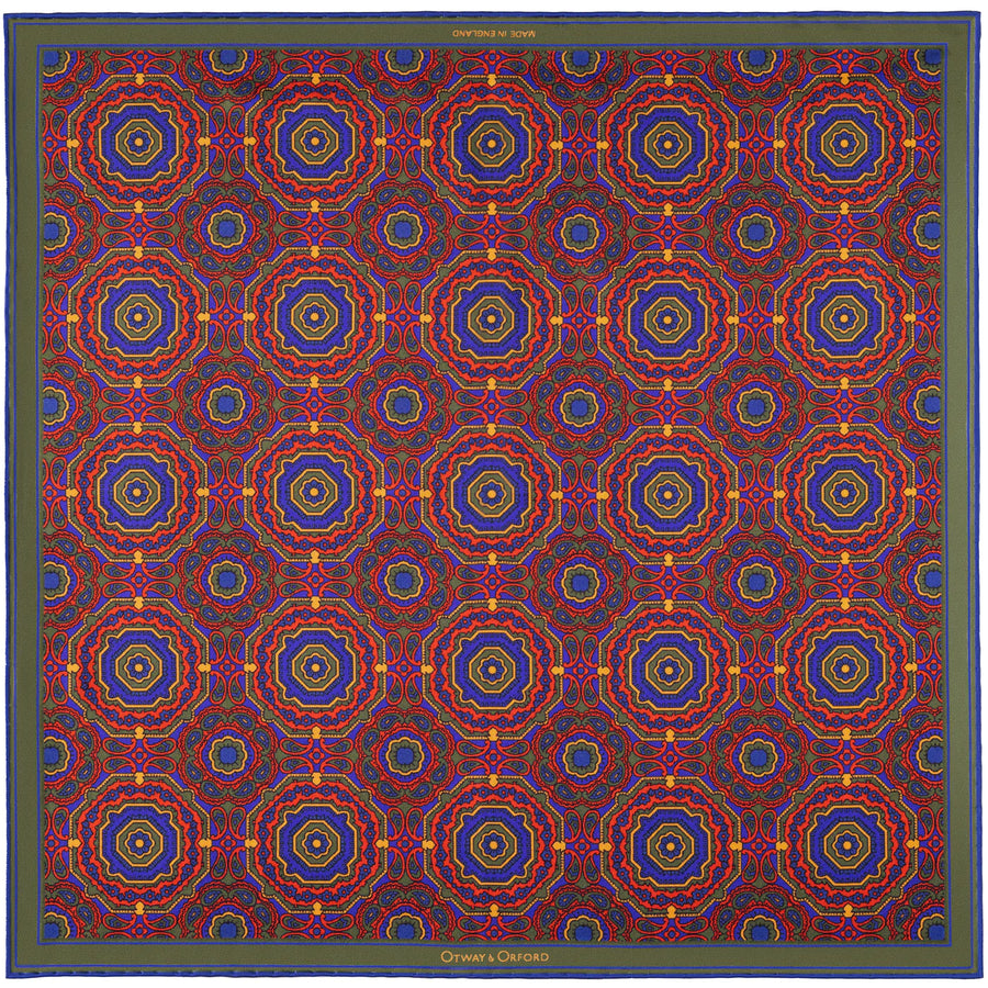 'Whirligig' Medallion Silk Pocket Square in Red, Green, Blue & Gold (42 x 42cm)