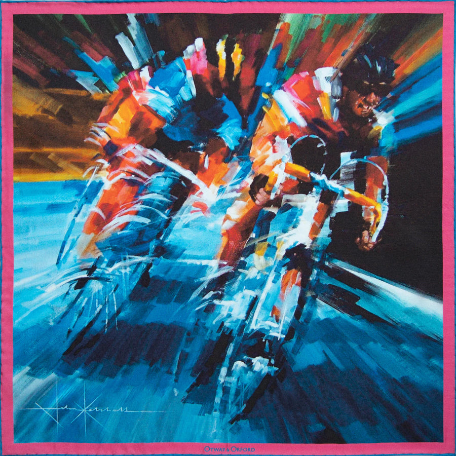 'Break Away' Cycling Silk Pocket Square in Blue & Pink (42 x 42cm)