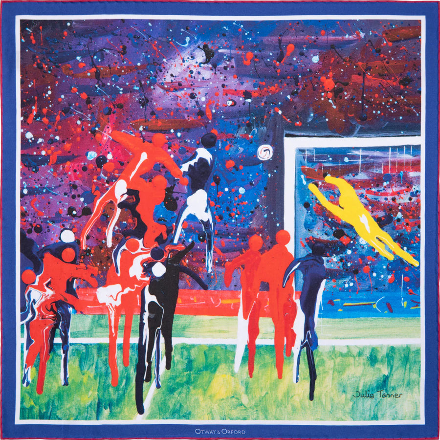 'Corner Kick' Football Silk Pocket Square in Blue & Red (42 x 42cm)
