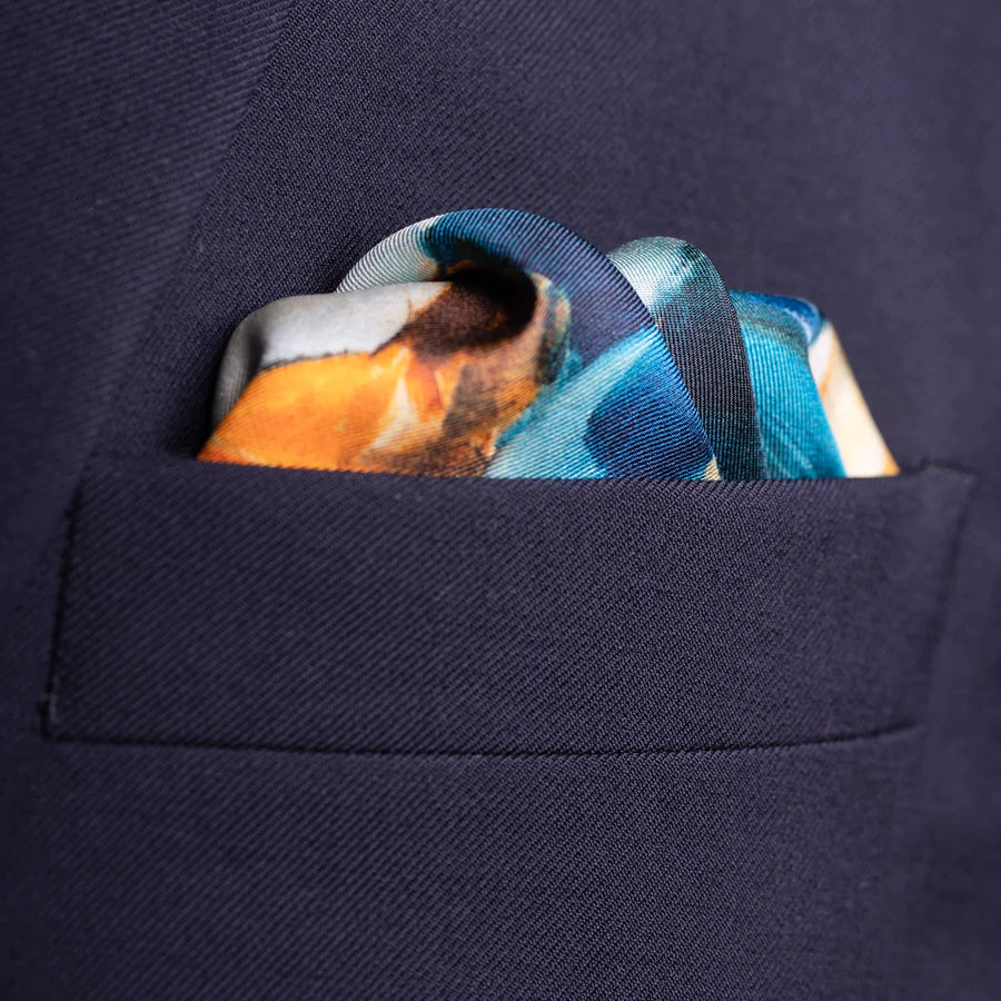 'Golf Swing' Silk Pocket Square in Blue & Green (42 x 42cm)