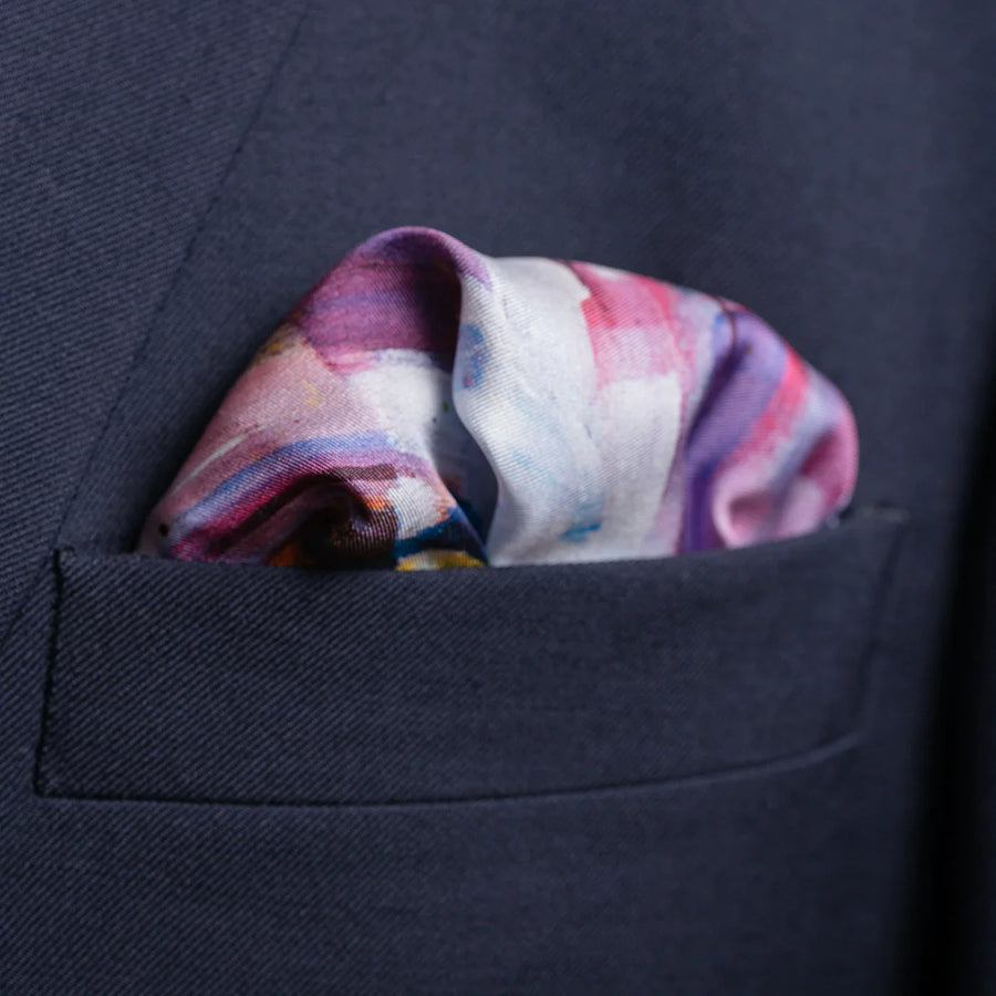 'Neck And Neck' Horse Racing Silk Pocket Square in Purple, Green & Brown (42 x 42cm)
