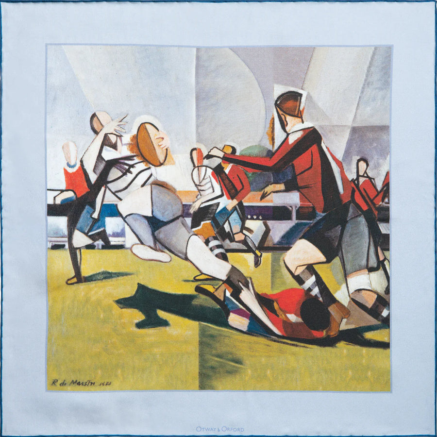 'The (Rugby) Football Match' Silk Pocket Square in Blue, Green & Red (42 x 42cm)
