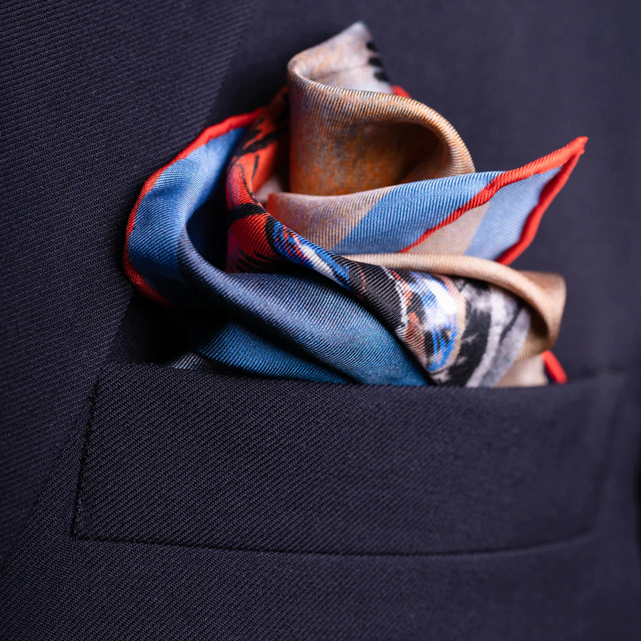 'The Jump' Skiing Silk Pocket Square in Blue with Red & Gold (42 x 42cm)