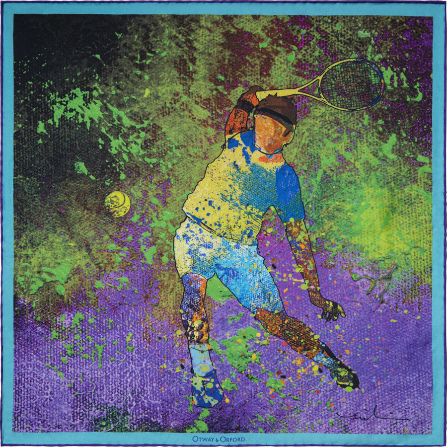 'Tennis Passion' Silk Pocket Square in Purple & Green (42 x 42cm)