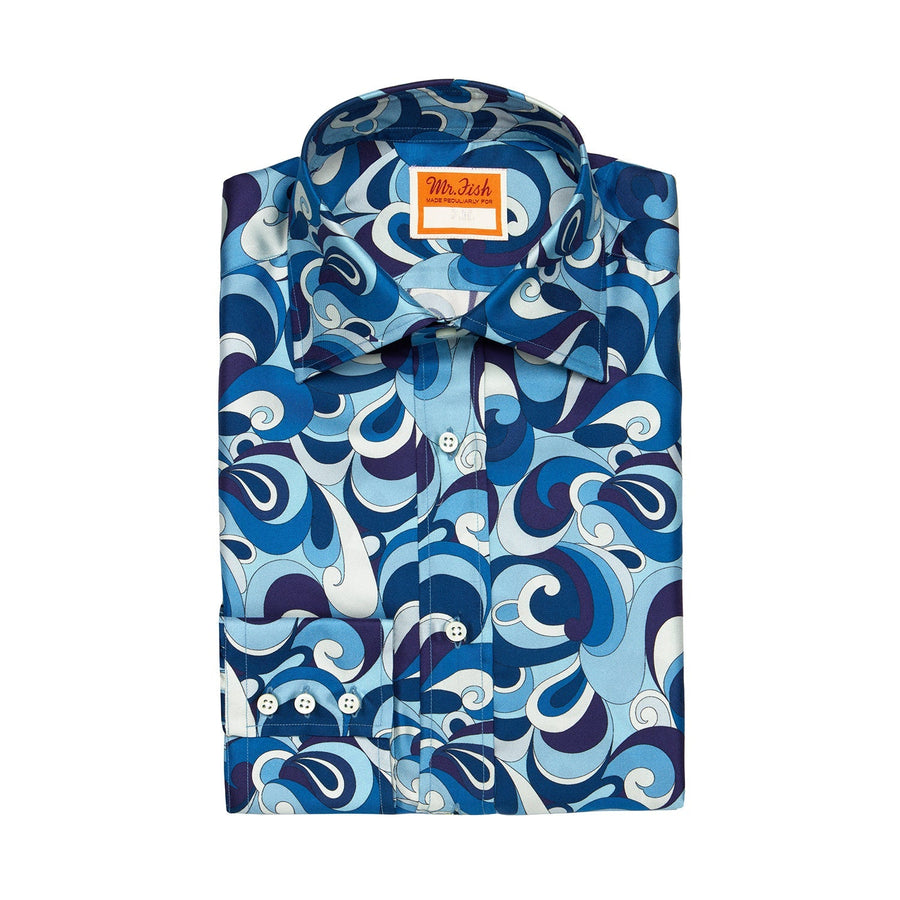 Blue Swirl Print Silk Shirt